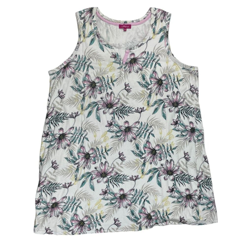 Carisma Tank Top Womens Size 2X White Floral 100% Cotton Sleeveless Henley Neck